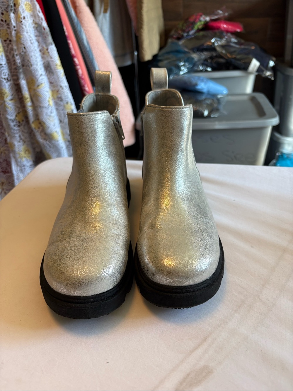 Sonoma Girls Metallic Silver Chelsea Boots with Black Lug Sole